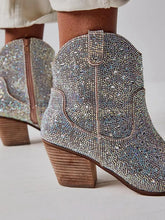 Silver Sparkly Rhinestone Round Toe Zipper Slanted Heel Western Ankle Boots